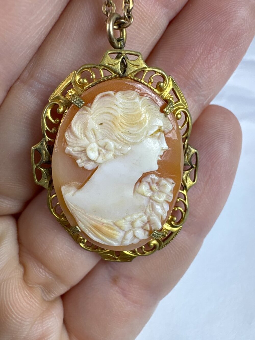 Vintage 12K Gold Filled Cameo Necklace Brooch Pendant | Art Deco Filigree
